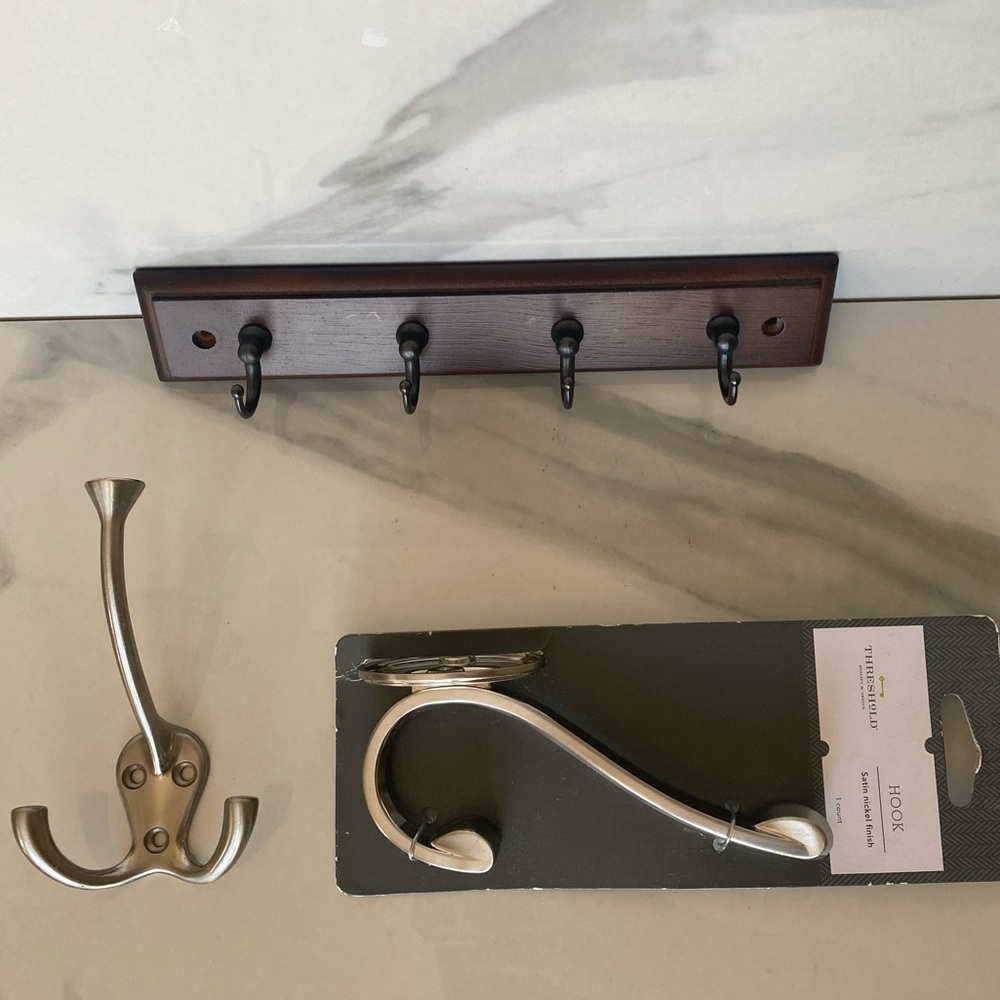 Lot Of 3 Satin Nickel Finish Hooks -2 &  1 Wooden Key Holder